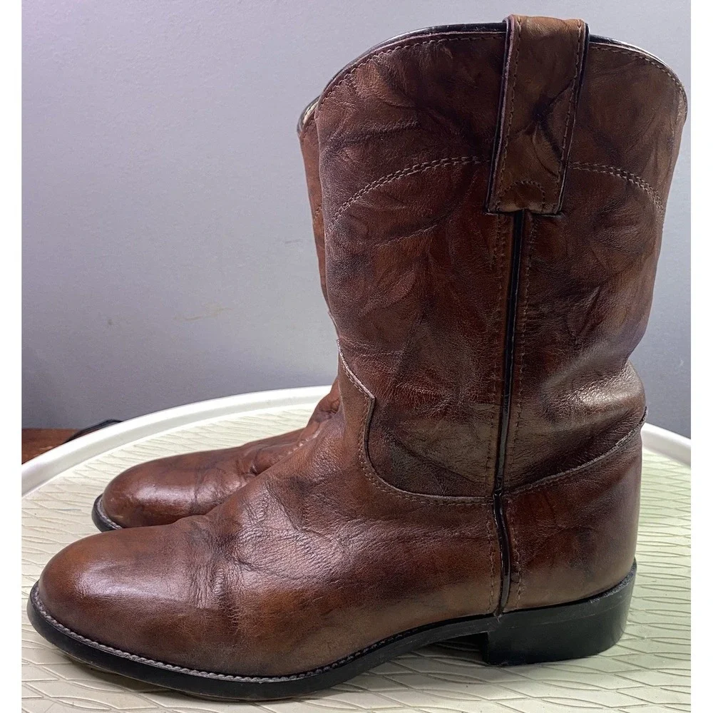 Justin Leather Youth Boy Brown Cowboy Distressed Rodeo‎ Riding Boots Sz.4D
